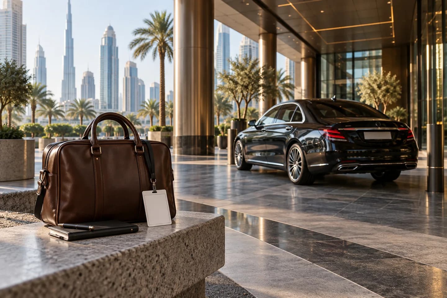 AI illustration of a business bag and a sedan outside a Dubai-inspired event venue