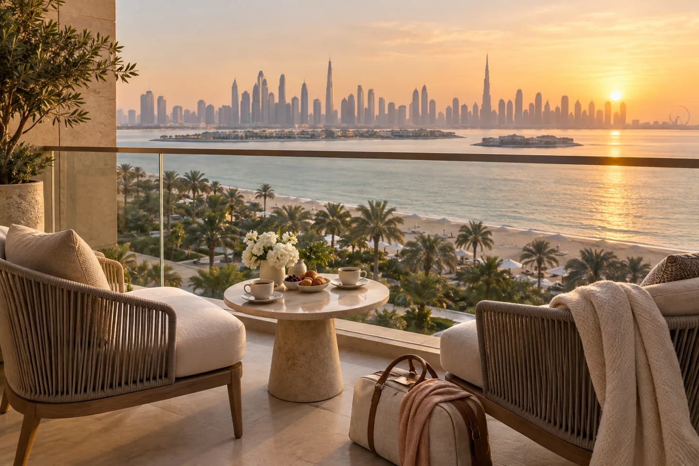 AI illustration of a breakfast terrace overlooking a Dubai-inspired coastline
