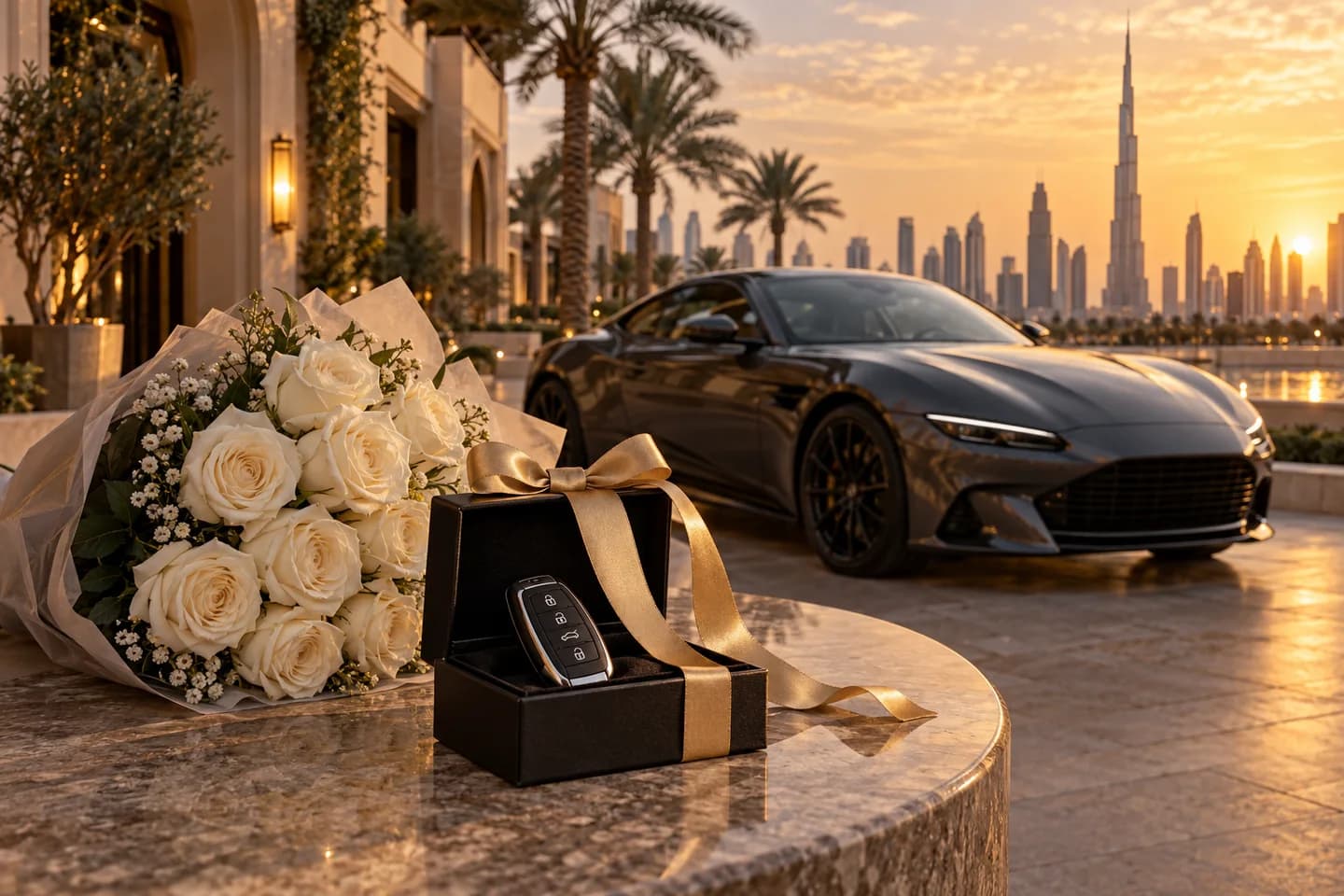 AI illustration of a gift box with a car key and flowers in a Dubai-inspired courtyard
